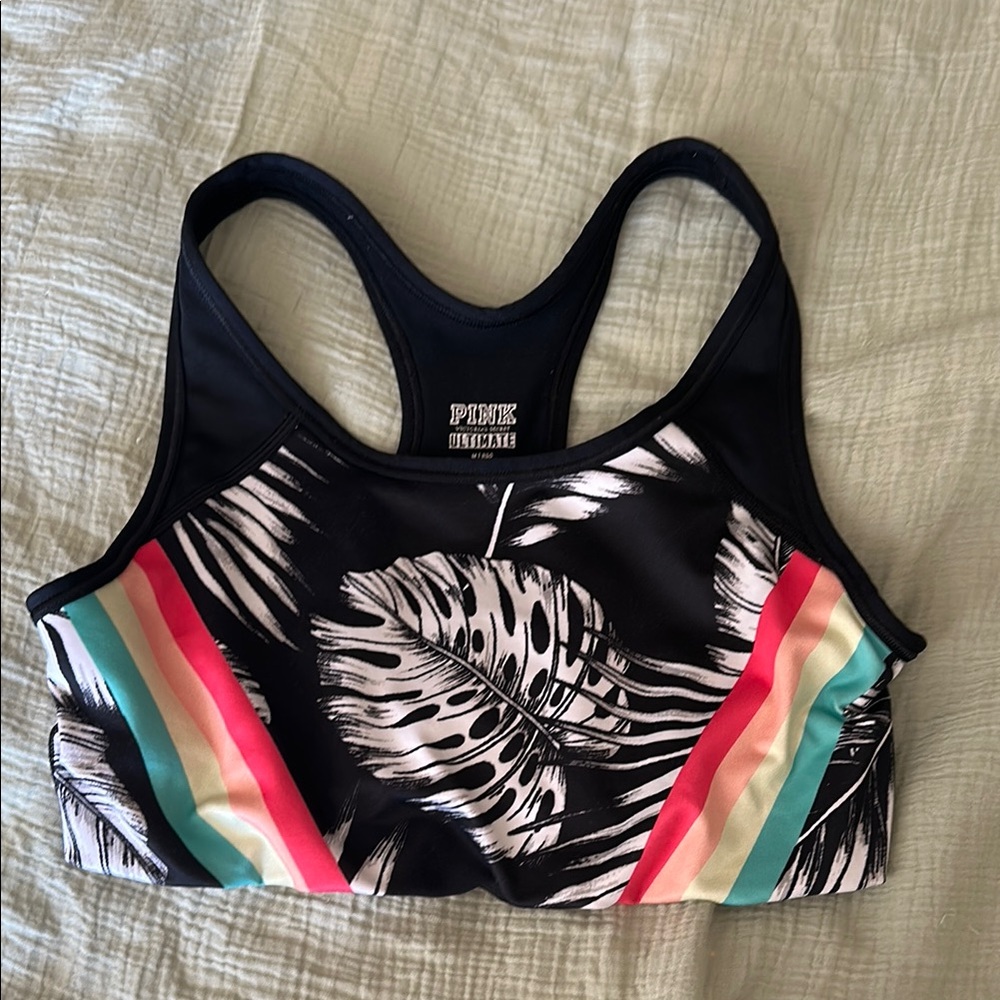 Pink Victoria's Secret Black Sports Bra with Tropical Print